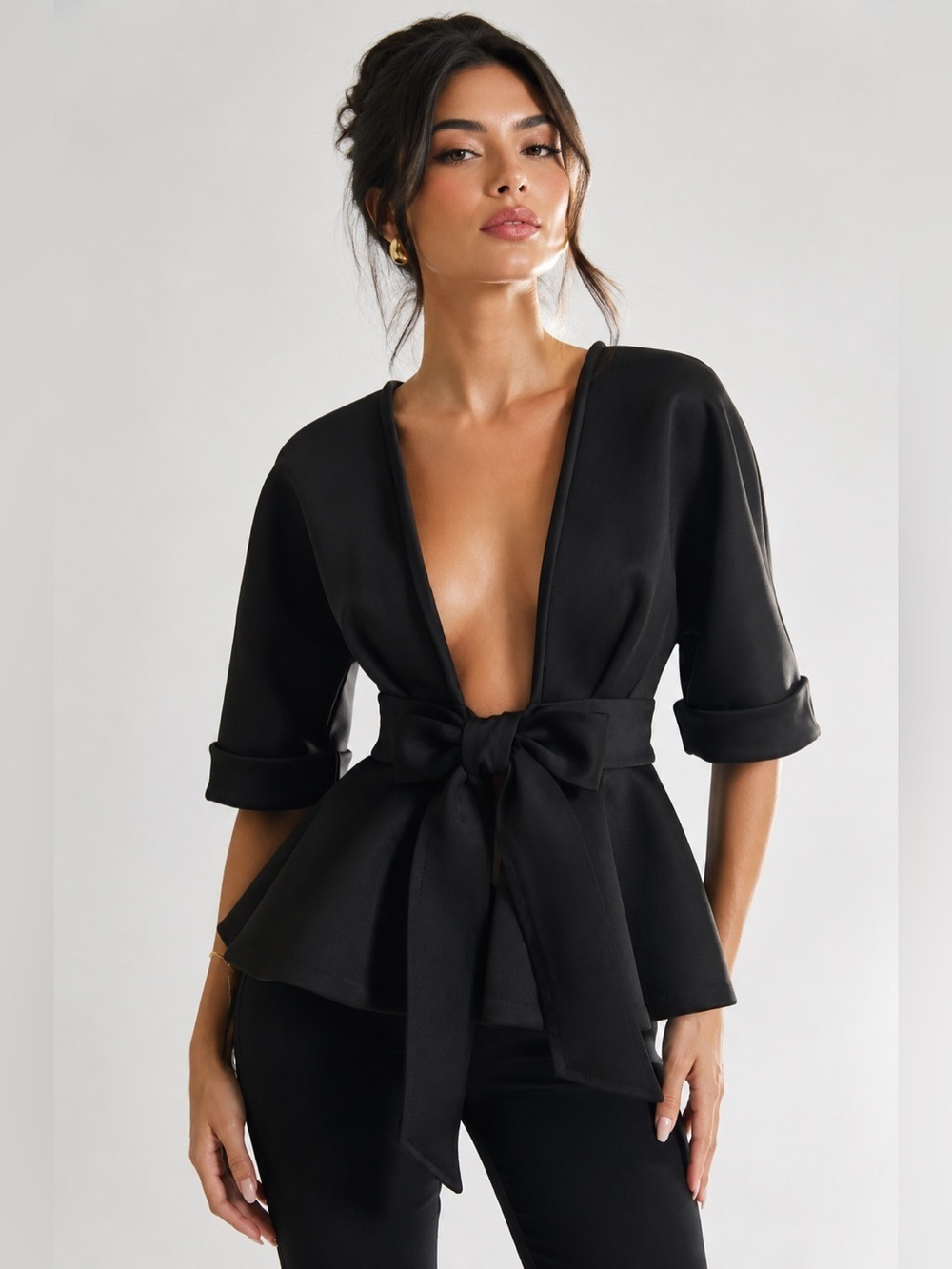 Forever 21 Scuba Peplum Bow Jacket Black Large NWOT Statement Blazer
